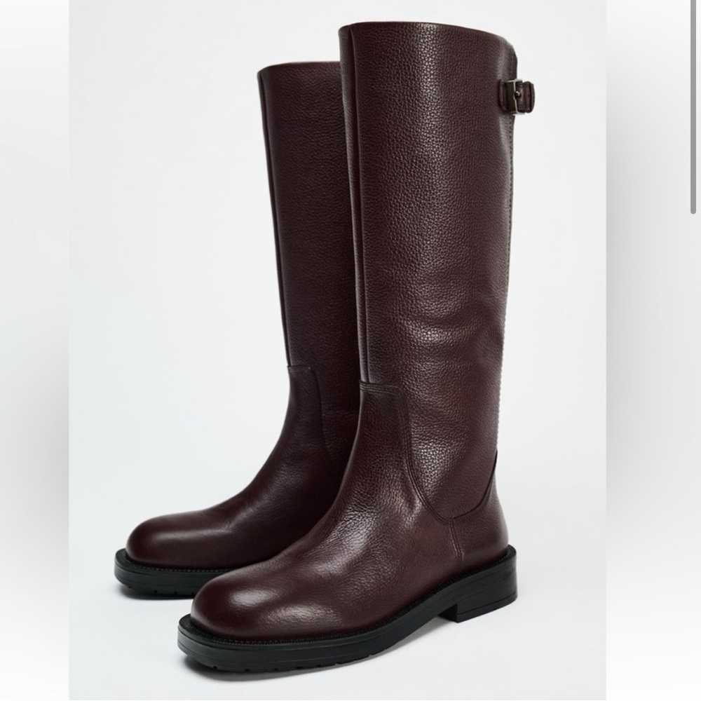 Zara BUCKLED LEATHER FLAT BOOTS LEATHER BURGUNDY 39 8 1017/410 KNEE HIGH FALL